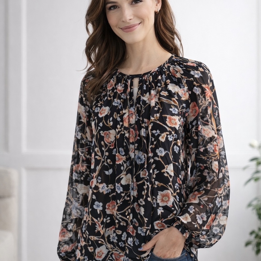White House Black Market Floral Blouse | Sheer Long Sleeve | Size 14